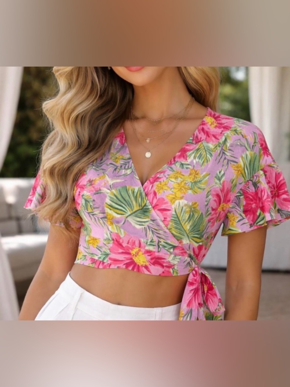 Floral Wrap Crop Top - Pink